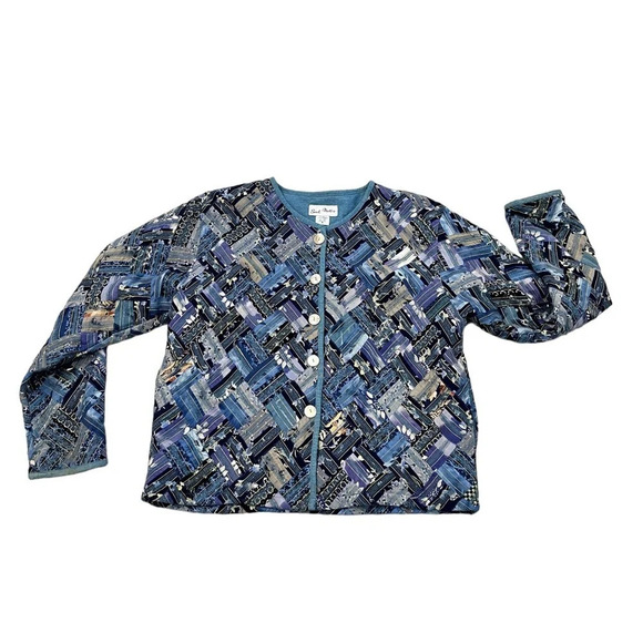 Vintage Soul Mates Blue Rayon Patchwork Jacket Metallic Threads Medium - Picture 8 of 8